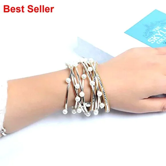 Leather Wrap Bracelet with Imitation Pearl Beads Handmade Magnetic Clasp - Picture 5 of 7